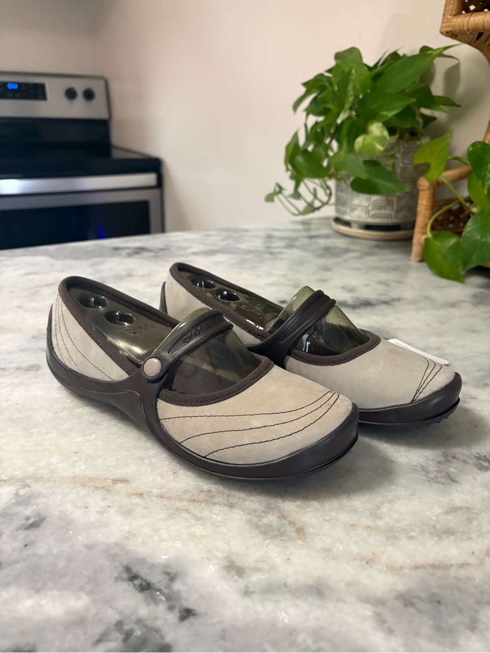 CROCS Beige and Dark Brown Mary Jane Flats